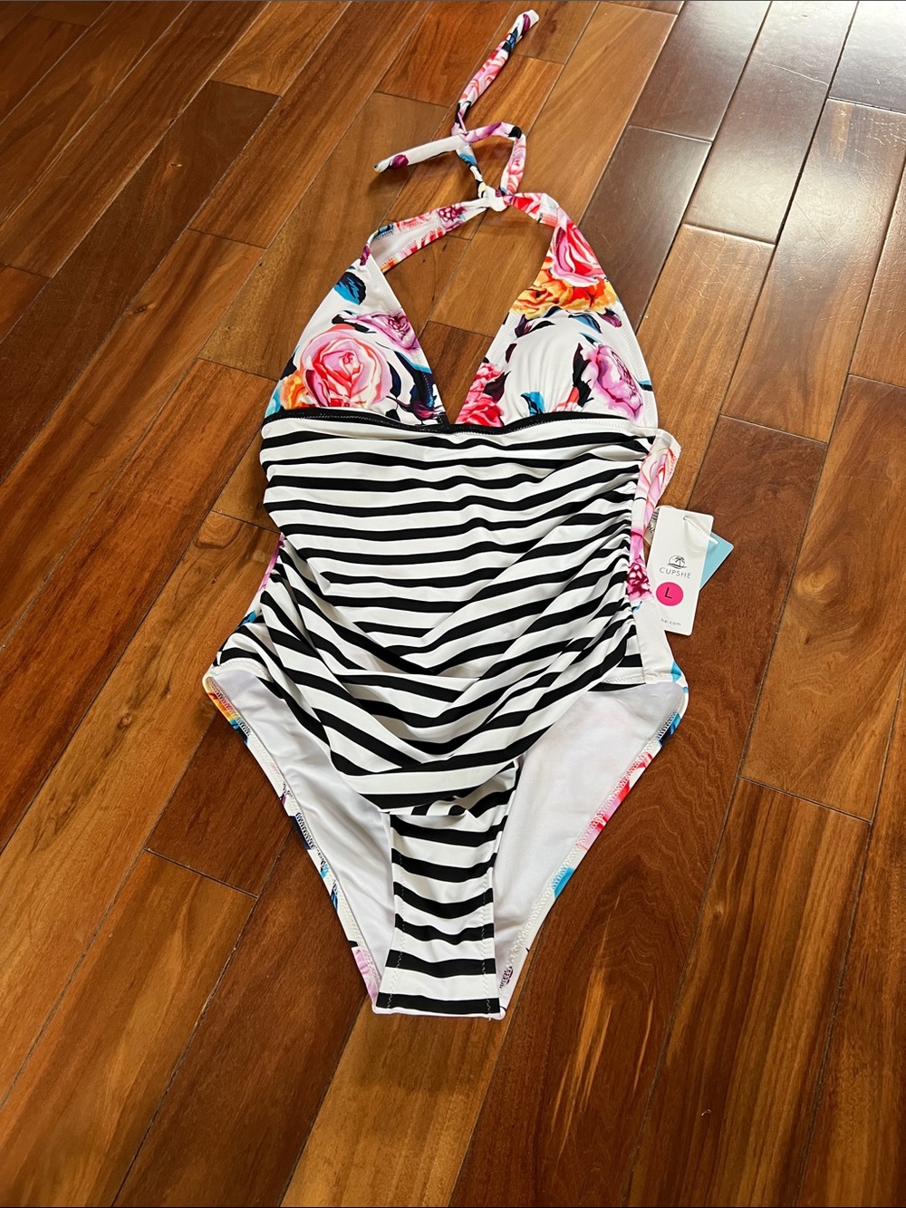 Women’s new with tagBlack & White Striped One-Piece Swimsuit with Floral Accents
